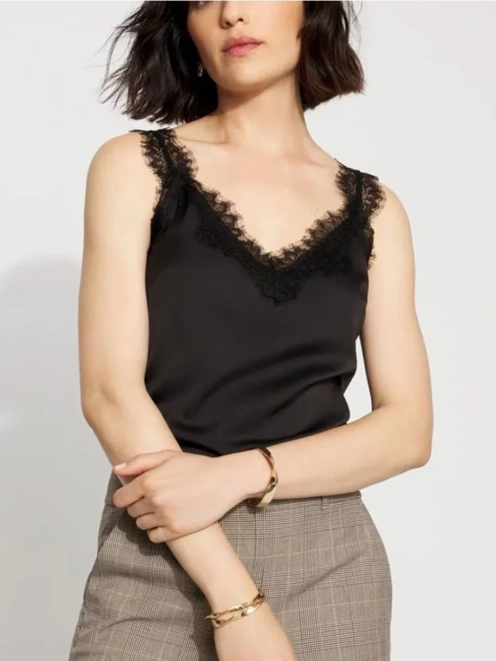 White House Black Market Black Lace Trim Camisole Size L